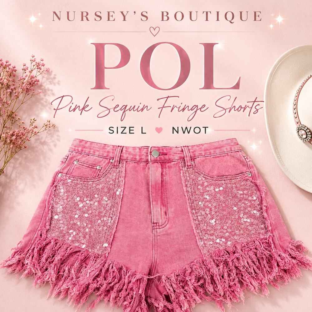 POL Pink Acid Wash Fringe Denim Shorts Sequin Pocket Festival Boho L NWOT
